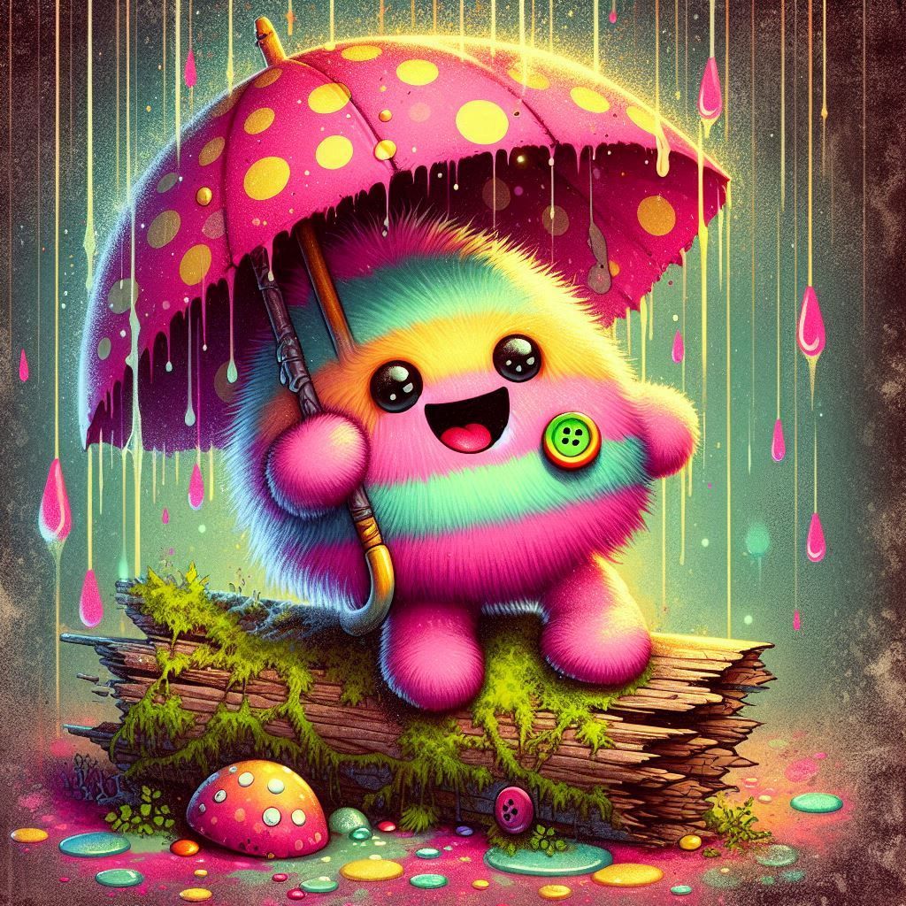 Fluffy mushroom spirit with bright pink and green striped shirt, mismatched buttons for eyes and a cheerful grin, leaning on a mossy log, ho...