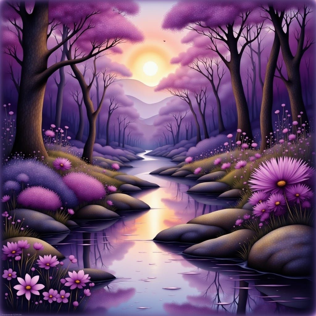 <lora:Liquid Ink Flux:1.0> Beautiful purple/mauve toned forest w/highly reflective creek, evening time, highly detailed, 8k resolution, tran...