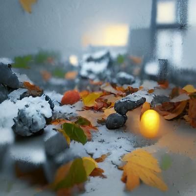 Snowfall and grey light in autumn day