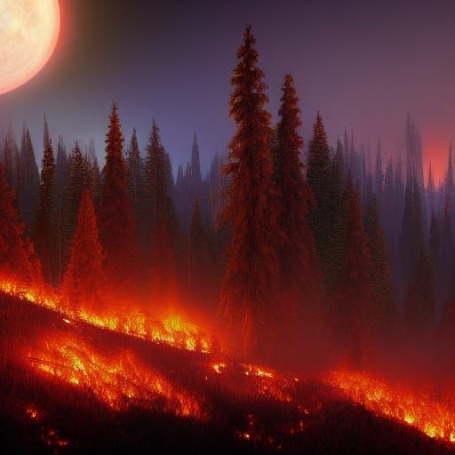 forest fire under a full moon