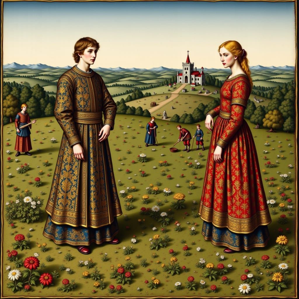 A medieval pastoral scene, showing a lord and lady in the foreground, with serfs tilling the fields near a church in the background, depicte...