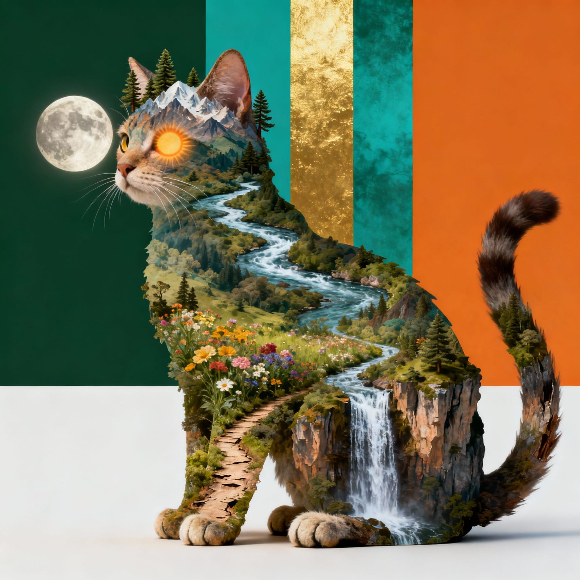  A meticulously detailed, whimsical 8k render featuring a cat's profile, from head to tail, artfully constructed from superimposed elements:...