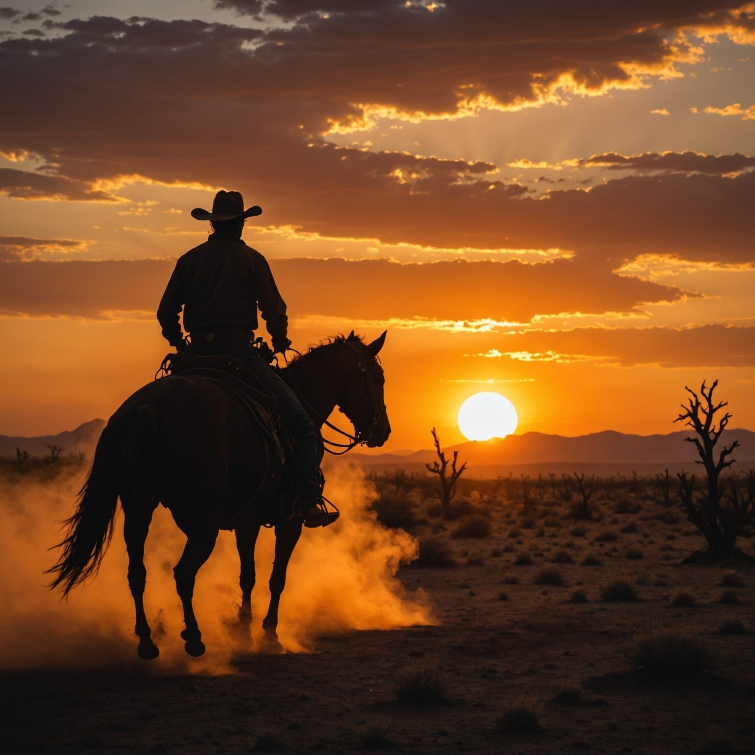 “A lone cowboy rides into the blazing sunset, his silhouette cutting through swirling dust as the dying ...  by @Xykko
