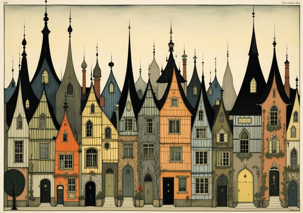 a cozy row of Dutch houses in the evening light, by W. Heath Robinson, Mattias Adolfsson and Anton Pieck <lora:enchanted world flux:1.0>