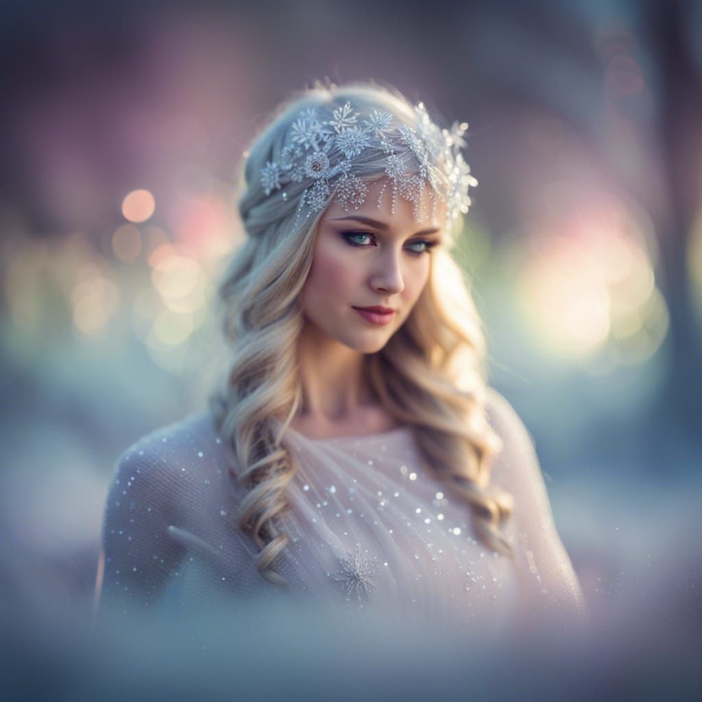 schöne Eisprinzessin, schimmernd glänzendes Kleid, Eiskrista...