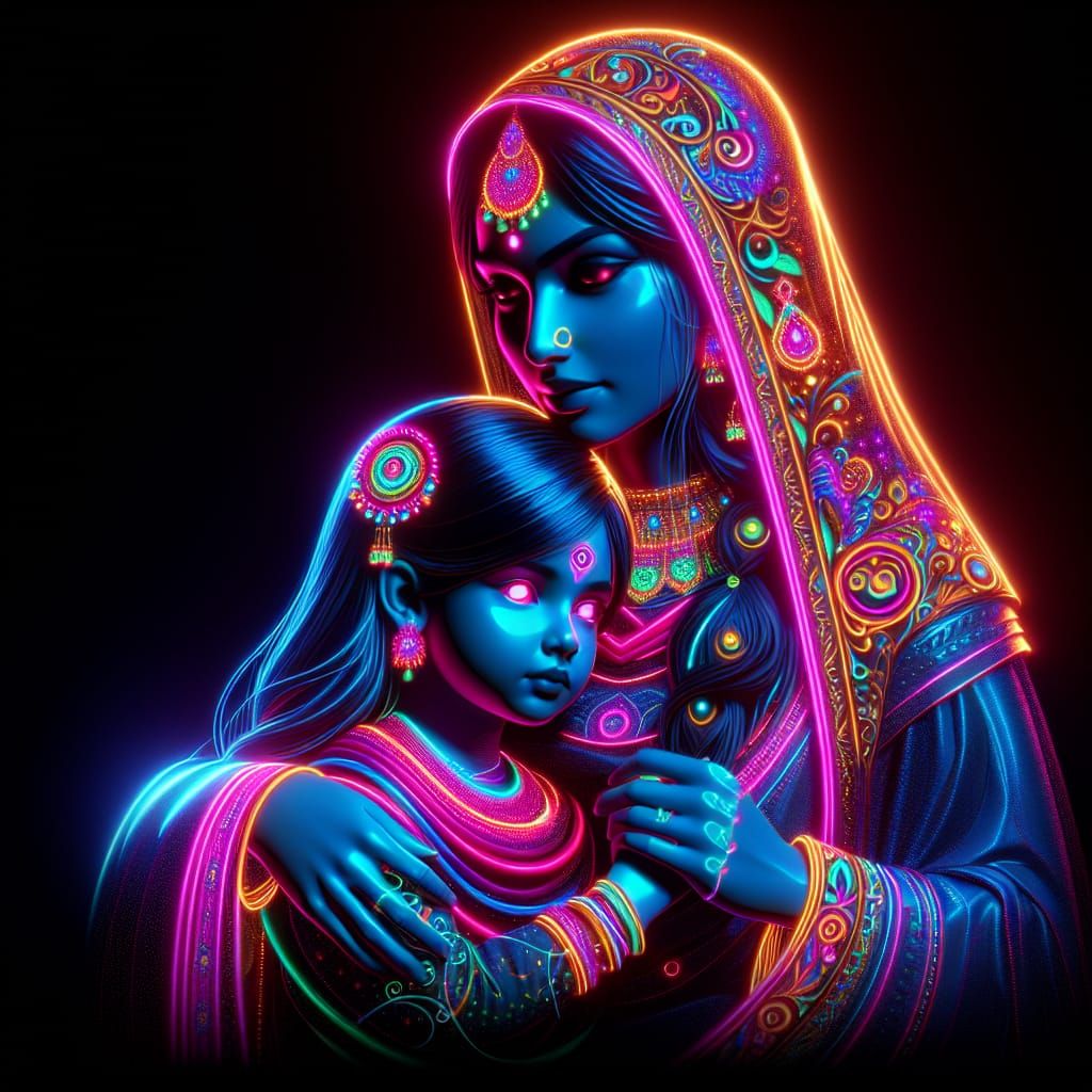 black background of mother and girl in neon colors, 3d