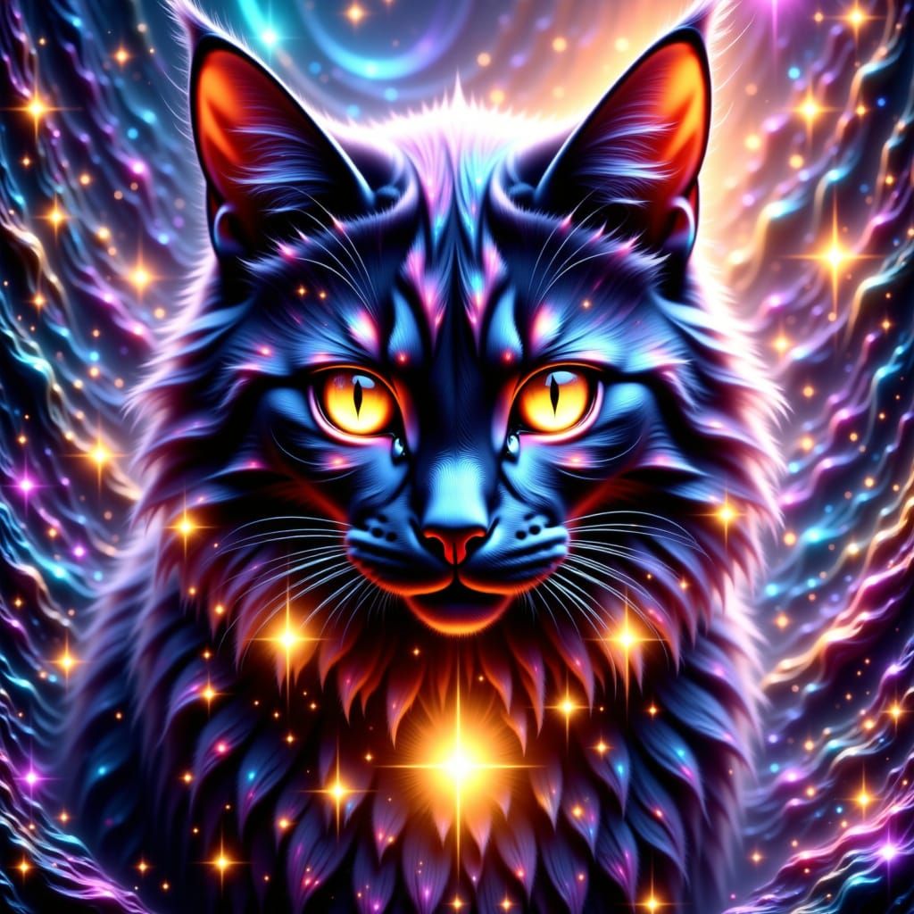 Cosmic Feline Majesty in Vibrant, Dreamlike Landscape