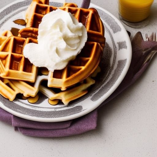 stack of delicious waffles with butter, syrup and whipped cr...