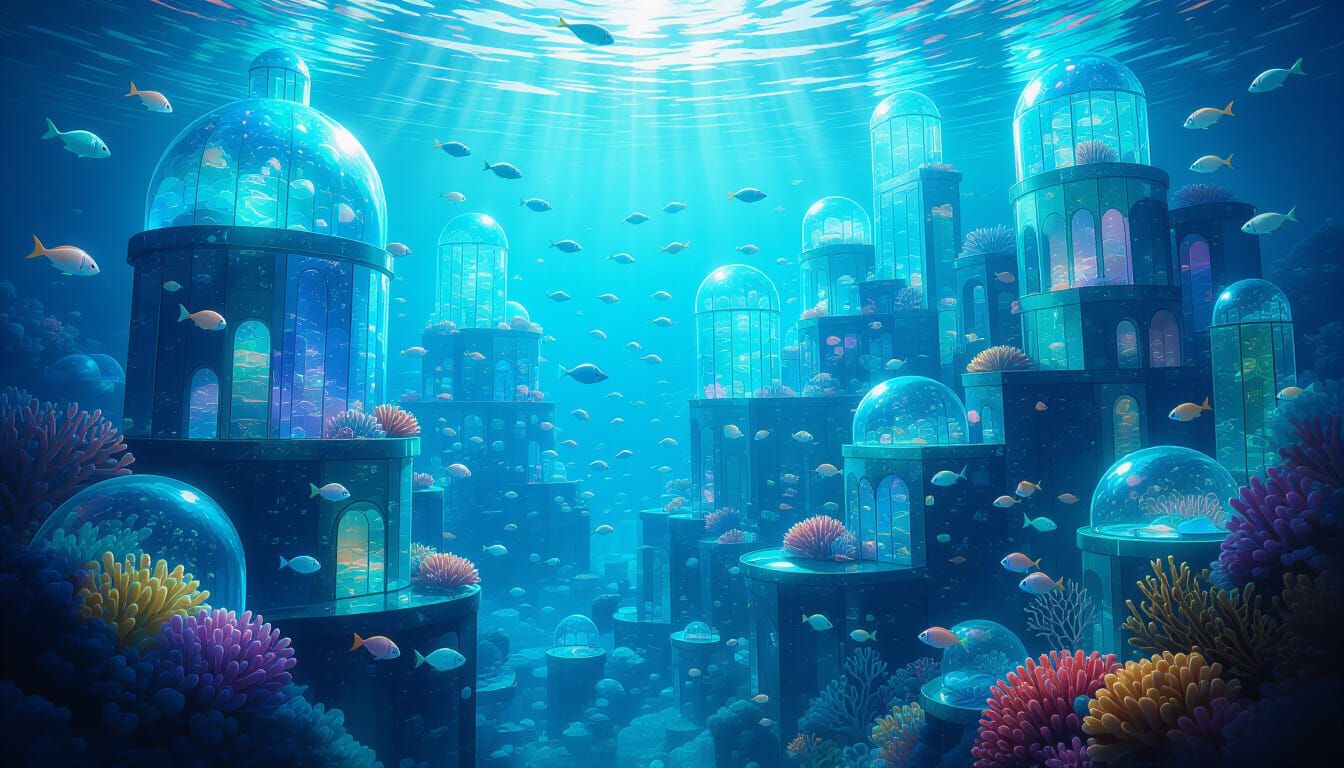 A bustling underwater city where buildings and inhabitants are formed from shimmering, colorful sea glass. Schools of bioluminescent fish we...
