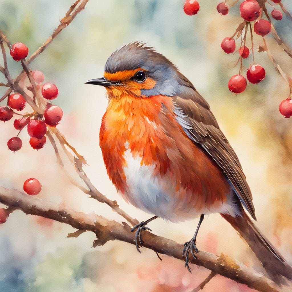 A watercolour painting of a red robin  by @Joseph