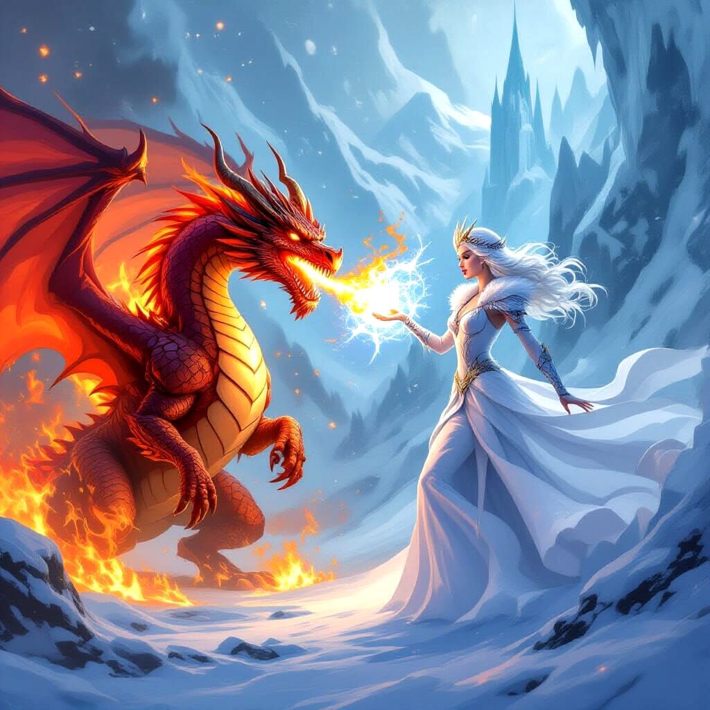 : A fiery dragon, breathing flames and wreaking havoc, stands in stark contrast to an ice queen, wielding ...  by @Shuttleskipper