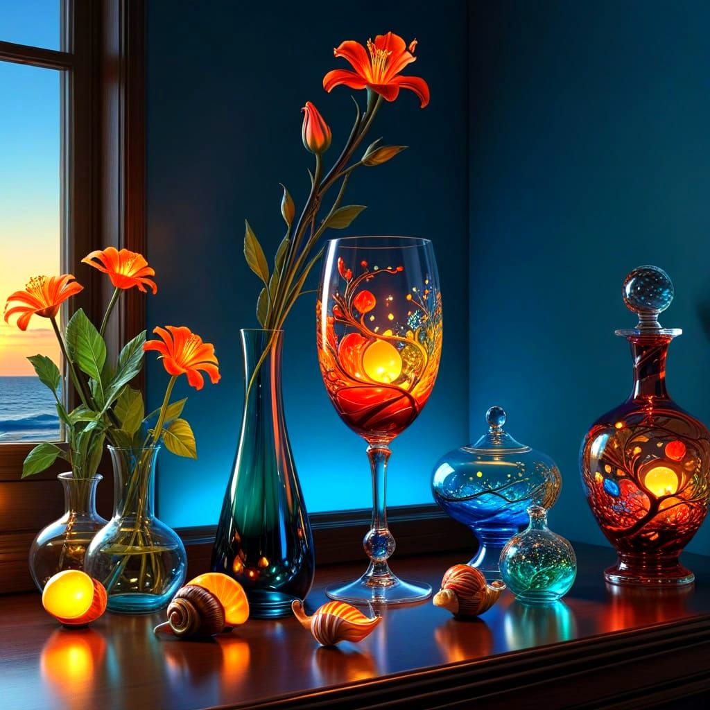 Surreal Twilight Portrait with Glowing Glassware