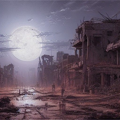 Post-Apocalyptic City Under Moon in Ultrarealistic Style