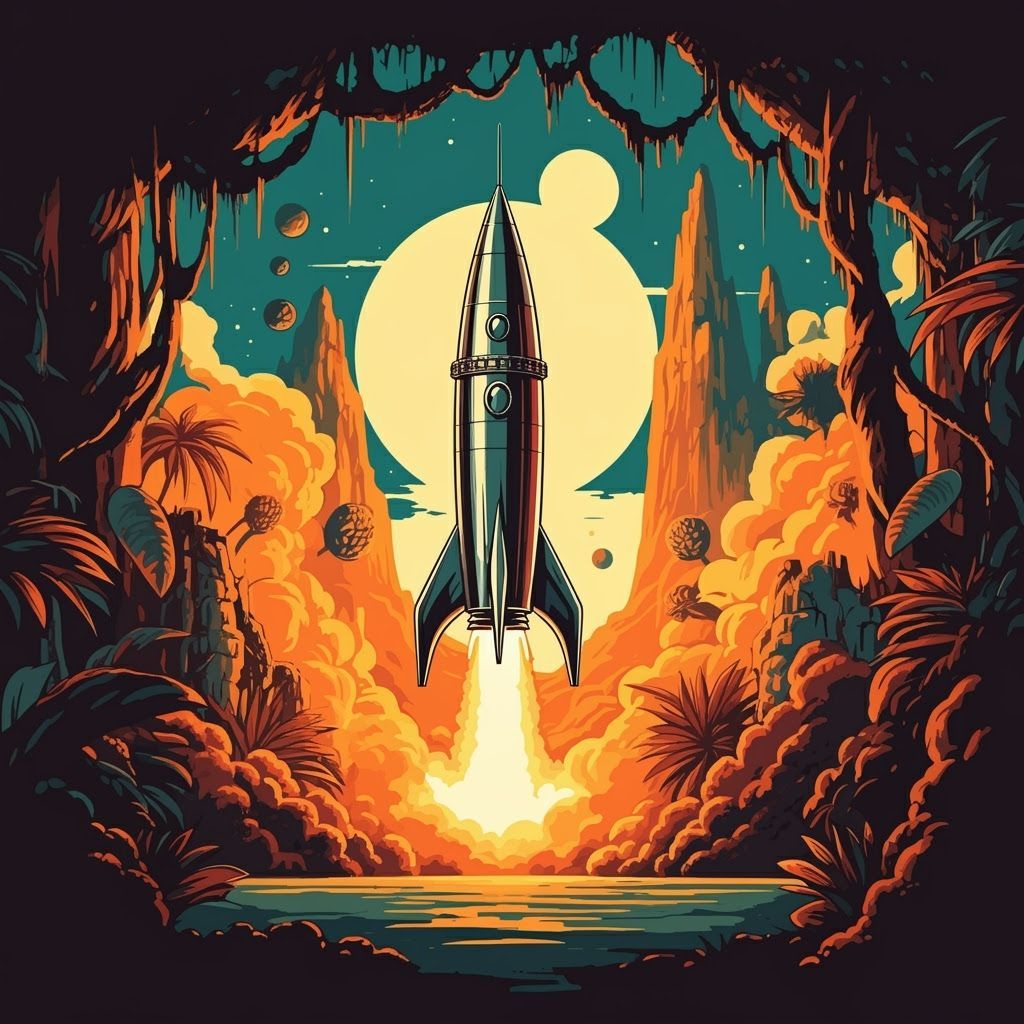 A retro-futuristic rocket ship blasts off from a launchpad nestled amidst a vibrant, alien jungle, its ...  by @Lynn Kopelke