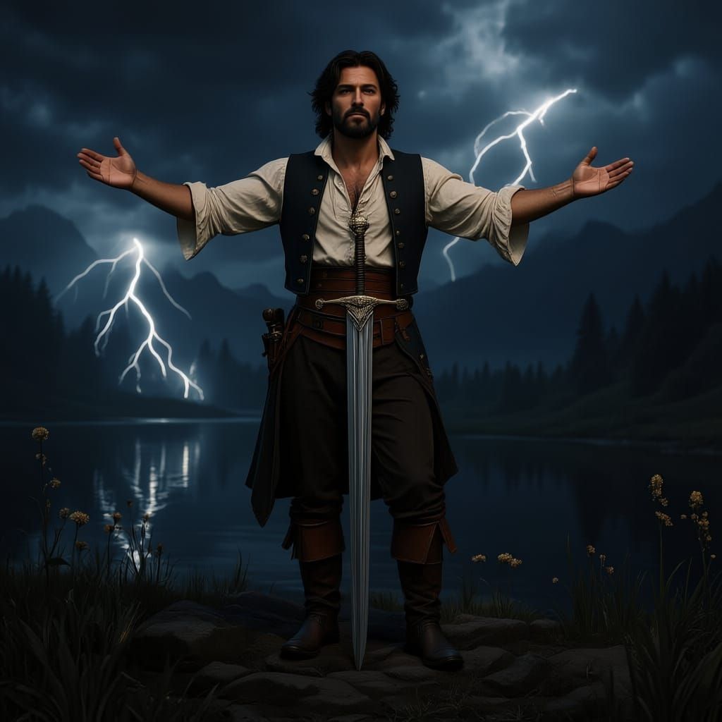 Seseorang berdiri diatas pedang yg menancap ditanah dengan tangan merebah dan wajah tampan khas Eropa dengan background alam yang menenangka...