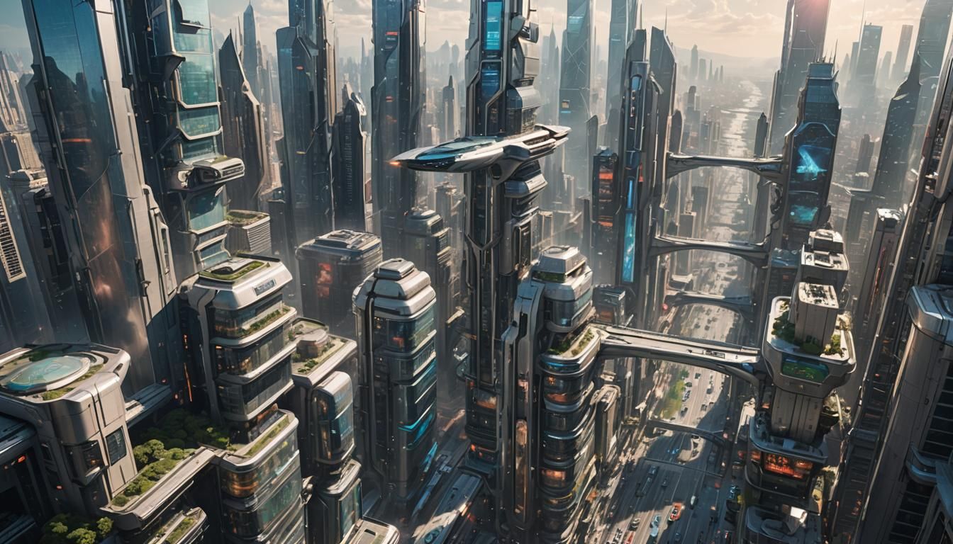 Step into a Futuristic Cityscape, where towering buildings m...