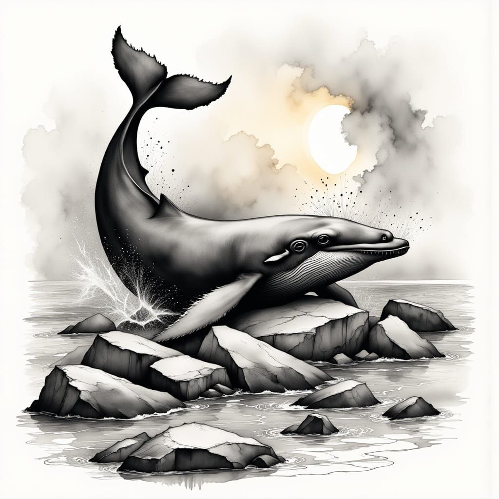  <lora:Charcoal magic2:1.0>whale on the rocks coloured ink