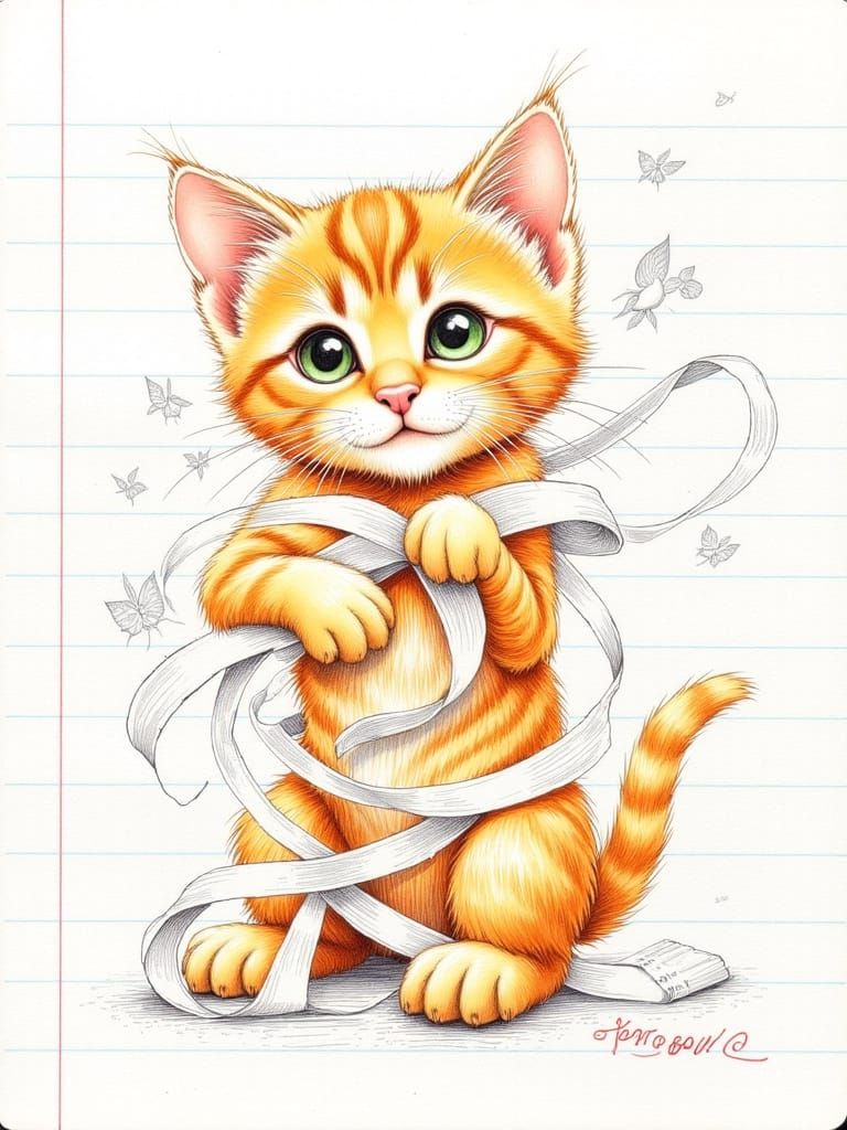 Orange Tabby Kitten Tangled in Ribbon Pop-Out Art
