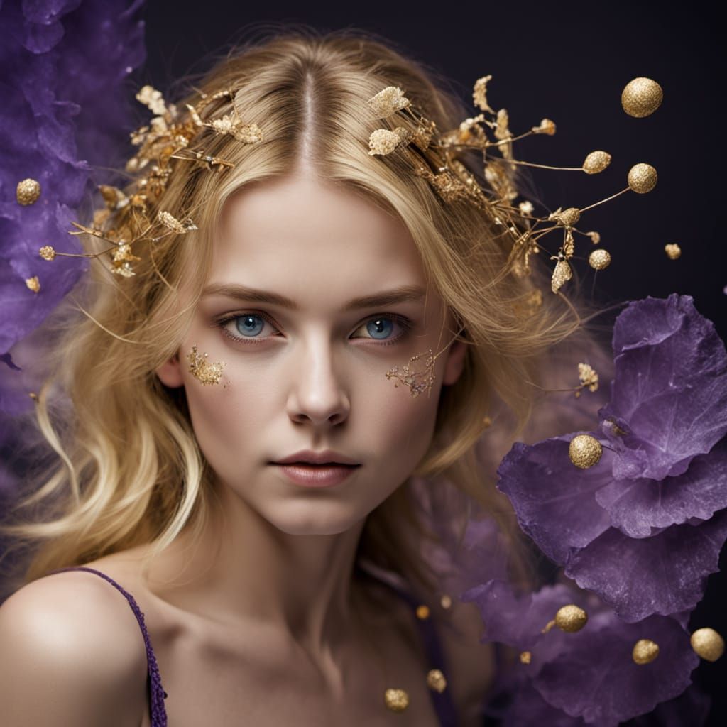 Eine Frau sitzt in der Mitte eines dunklen, sternenübersäten Raums – wie im Universum.
Sie hat ein Kleid aus fließendem Licht oder aus feine...