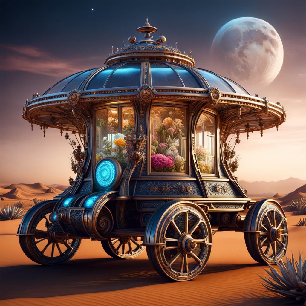 a mechanized robotic victorian flower conservatory vehicle on wheels, barren desert alien landscape, ...  by @Tek Noiz