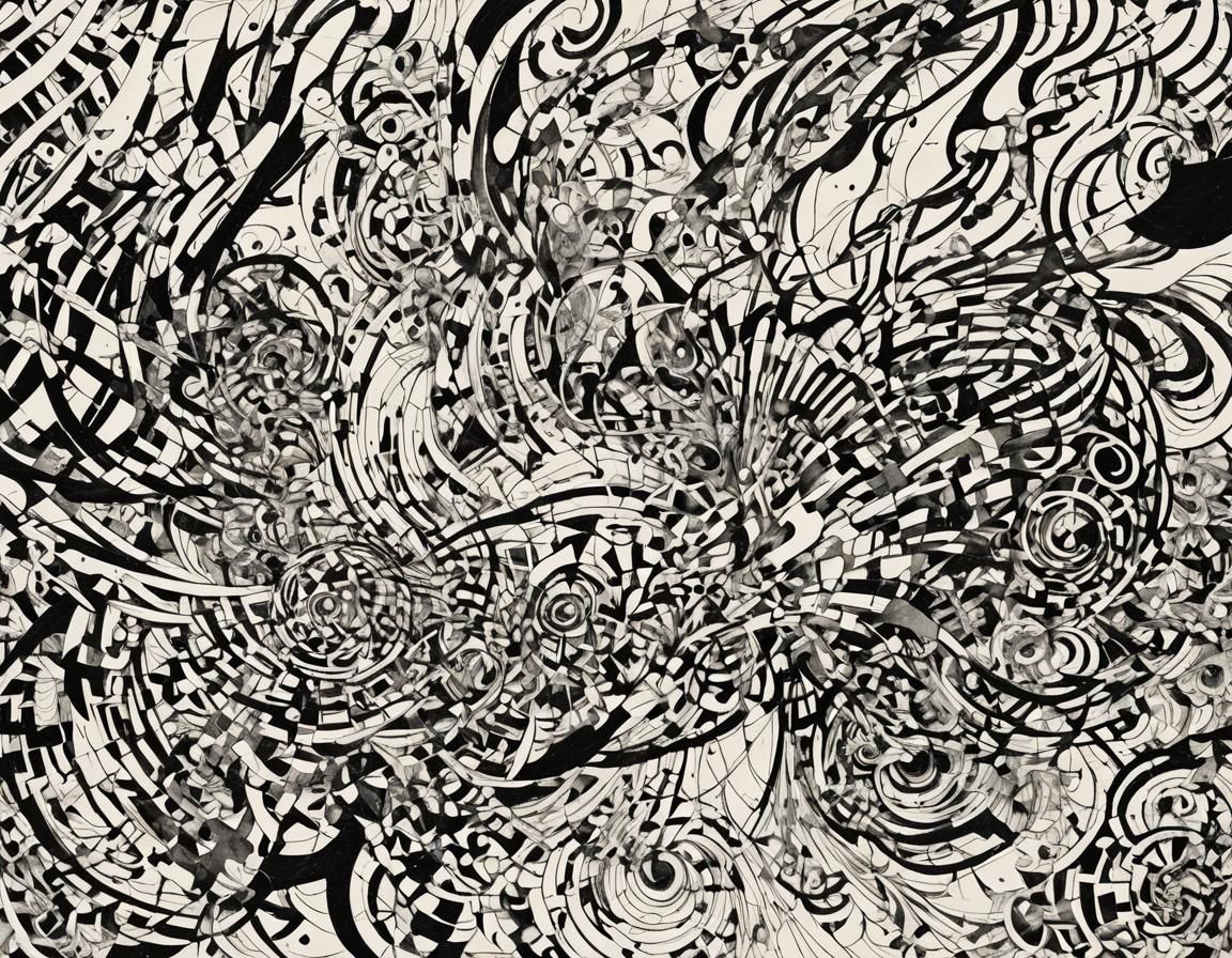 A complex array of black lines and abstract shapes swirl cha...
