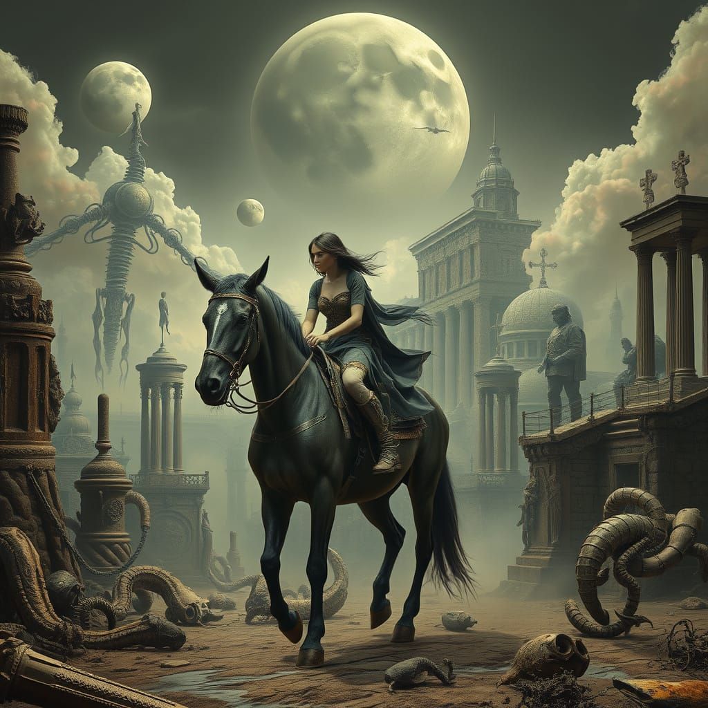 Woman Rides Horse Through Surreal Dystopian Landscape