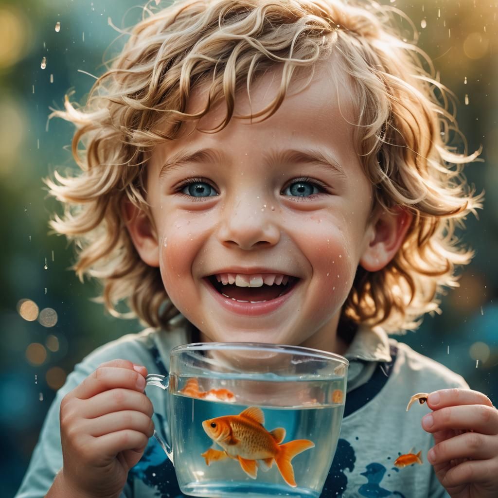 Boy Laughing with Fish: Golden Hour Portrait