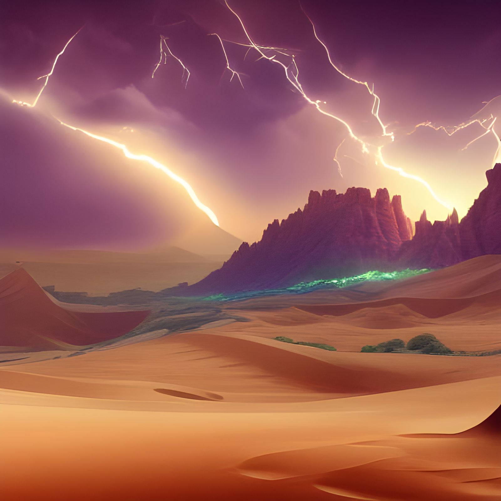 Fantasy, Desert, Large dunes, Mountain range, Stormy clouds, lightning, detailed matte painting, deep ... undefined