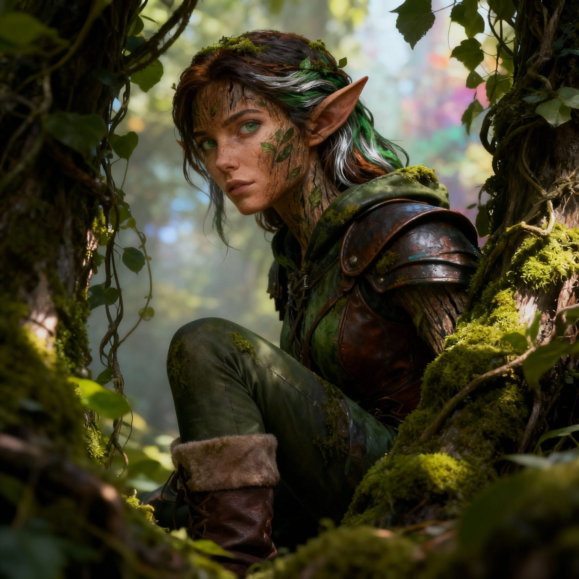 female wood elf full body wearing soft boots, partially hidden behind moss, vines, and foliage