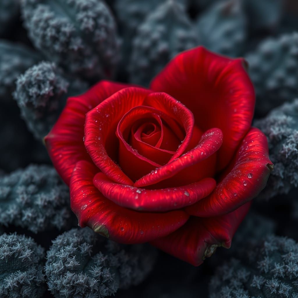 The Ashen Rose: A deep, crimson rose with petals that flicker like the flames of a thousand tiny, glowing candles, its leaves covered in a f...