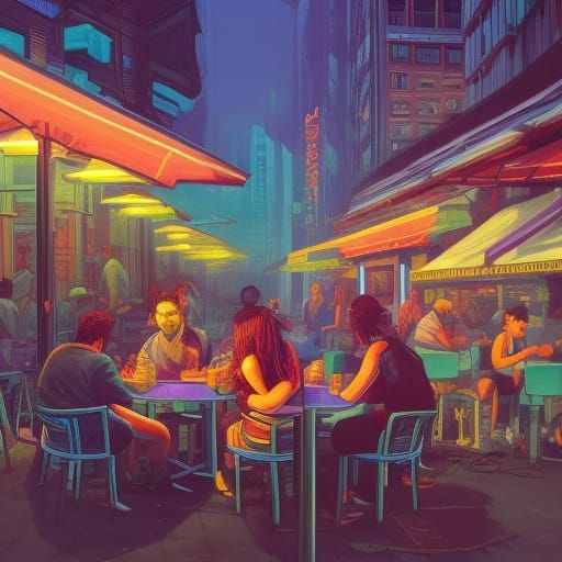 Friends at Outdoor Cafe in Hyperrealistic Style