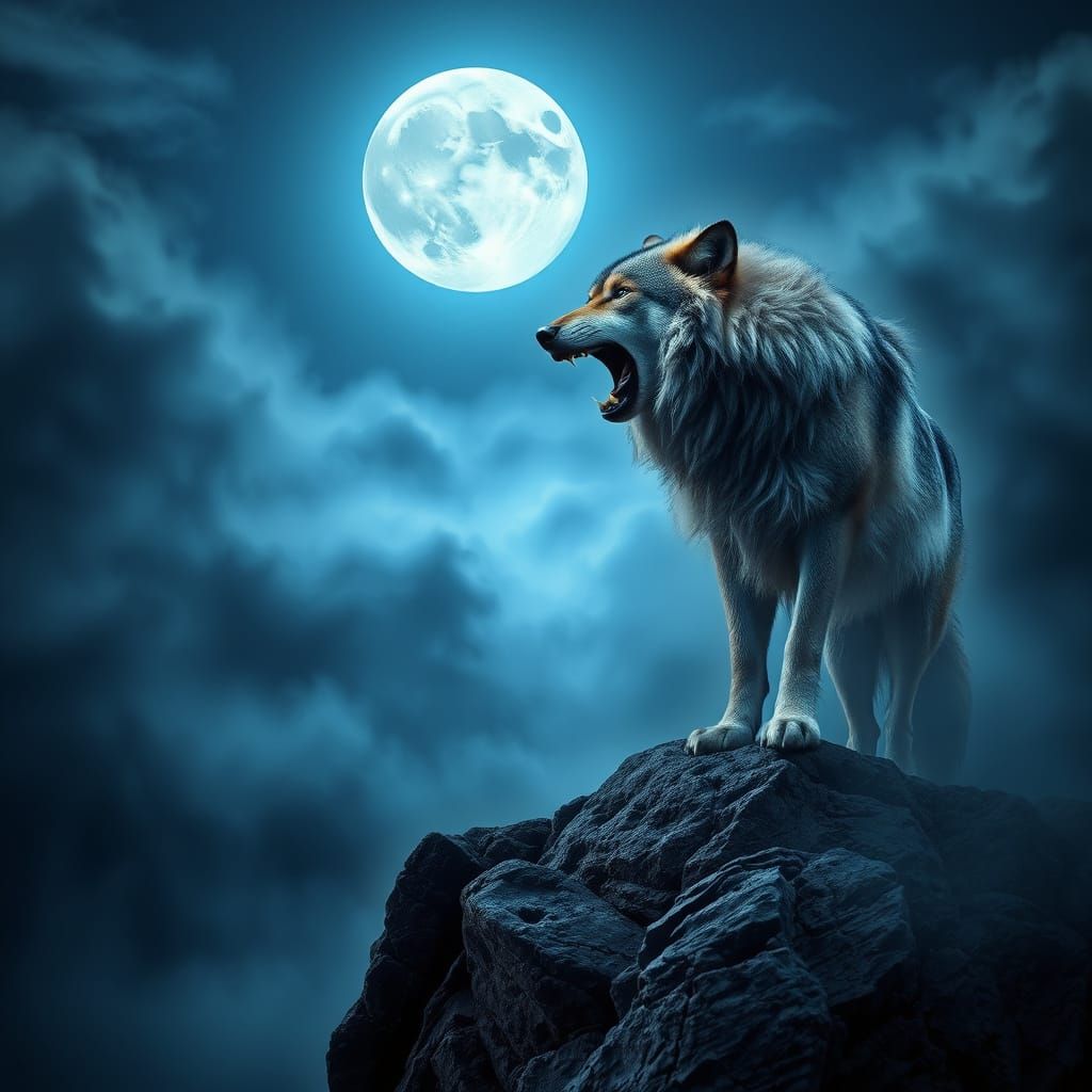 Wolf in Moonlit Wilderness, Hyperrealistic