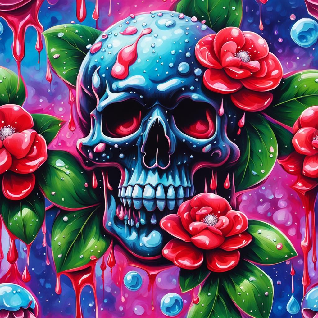 large dew drops on crystal skull with Camellias with dew dro...
