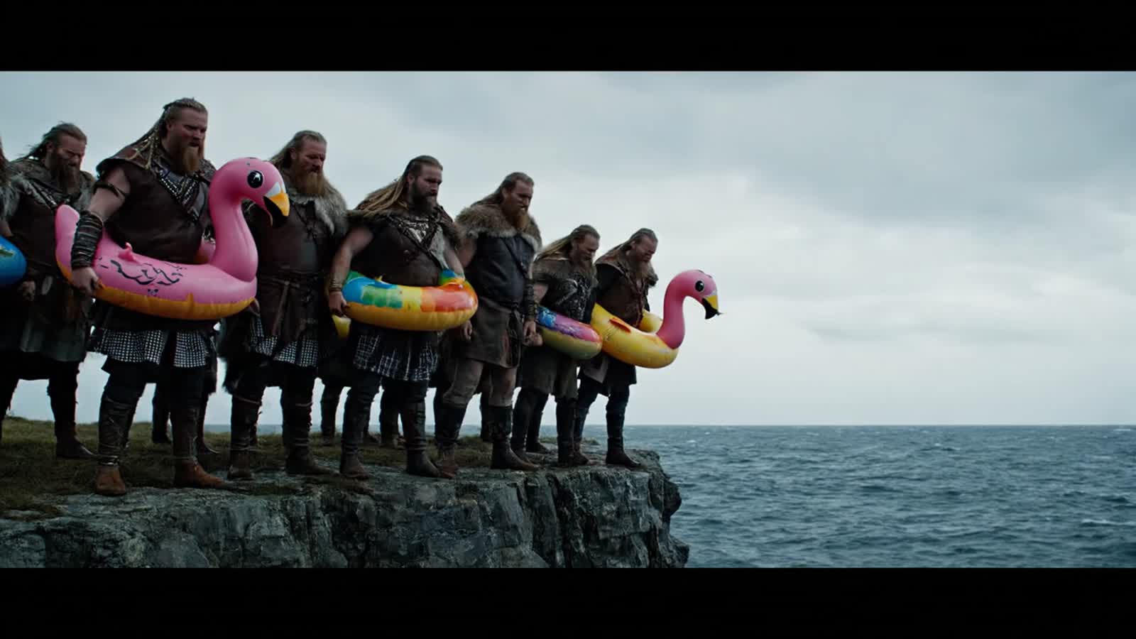 Vikings plunging to the sea with floatie rings