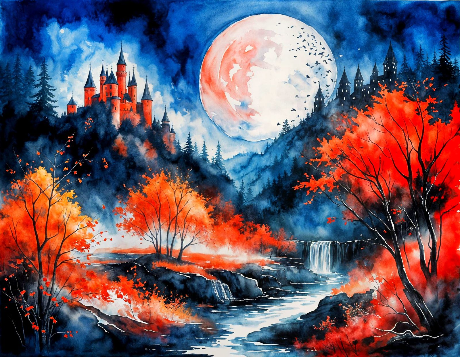 Surreal Watercolor Moonlit Castle Landscape