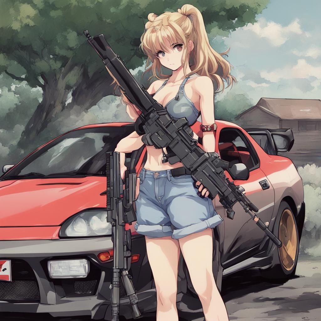 anime girl with a m-16 right next to a toyota supra mk4