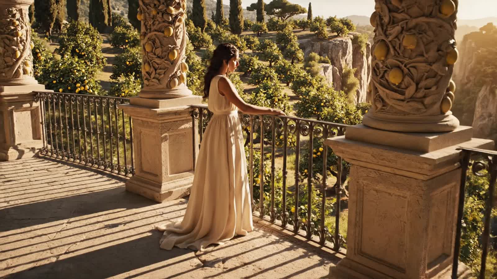 A lone young woman stands on a balcony of a cliffside home, overlooking a valley filled with ancient, gnarled lemon tree...