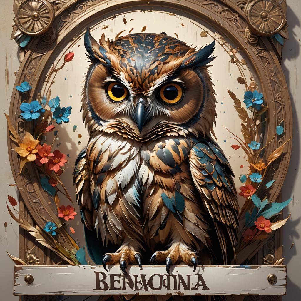A baby owl holding a sign in it's beak that says "Bienvenida...