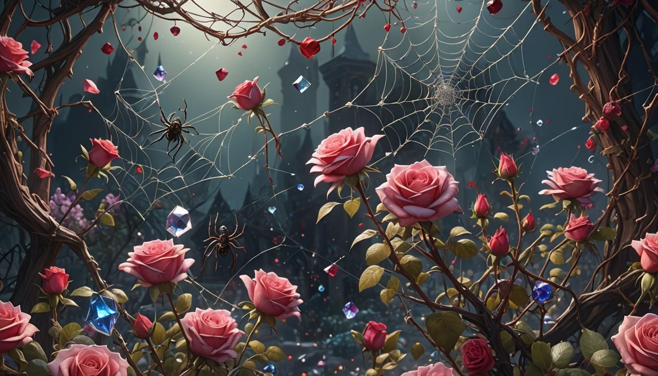 roses, spider webs, crystals, sparkles