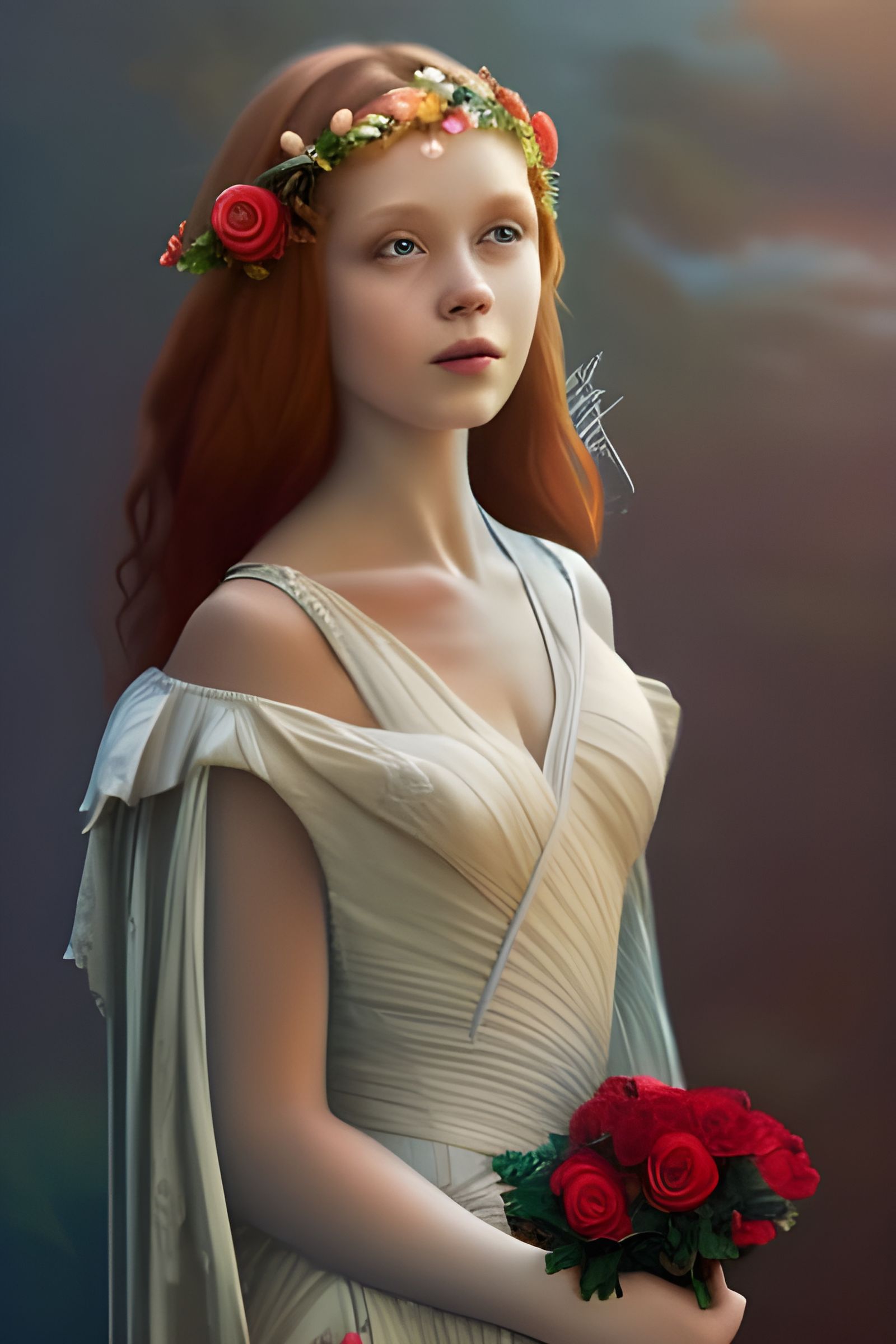 Beautiful Petite RedHead girl with Pearl White Dress