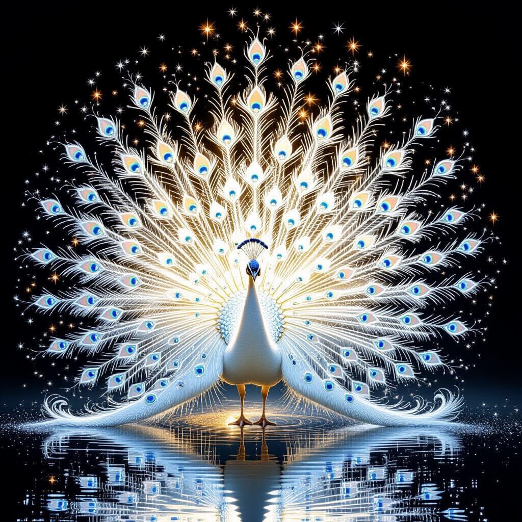 „Ein weißer Pfau entfaltet sein Licht: Glanz, Anmut und Sterne auf spiegelndem Wasser“  by @bedisi yseven