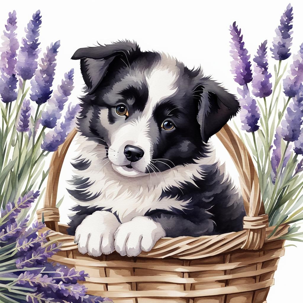 Border Collie puppy in basket of lavender watercolor