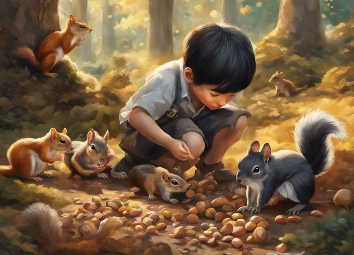A black-hair boy lying feeding nuts to a cute little squirrels on the ground, forest, beautiful sunlight, countryside, i...