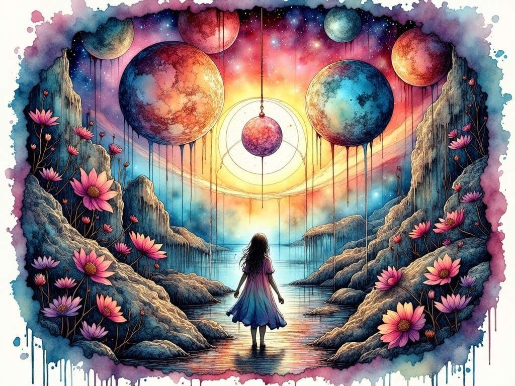 Ethereal Cosmic Dance in Ink and Watercolor Style