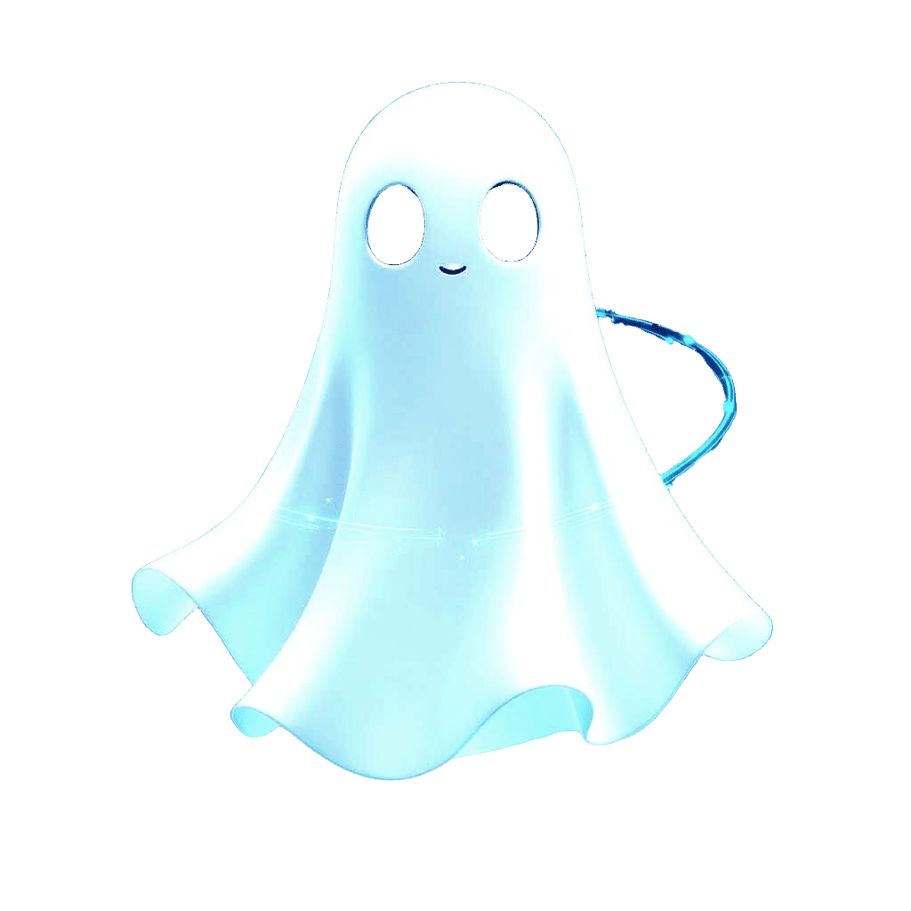 
A cartoon digital soul covered with a smooth, slightly wrinkled white cloth that flows naturally like fabric. The spirit has black, pupil-o...