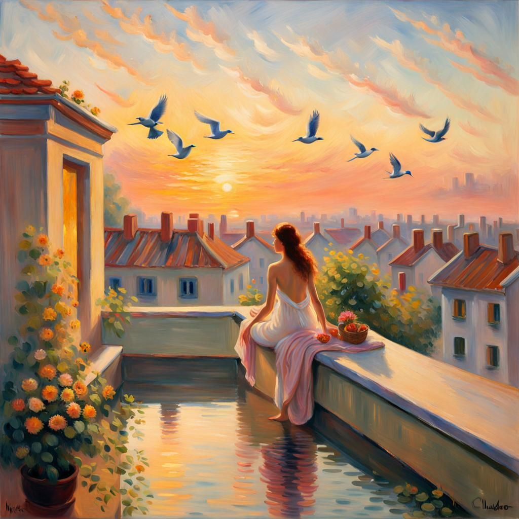 Woman Bathes on Rooftop at Sunrise: Impressionist Painting