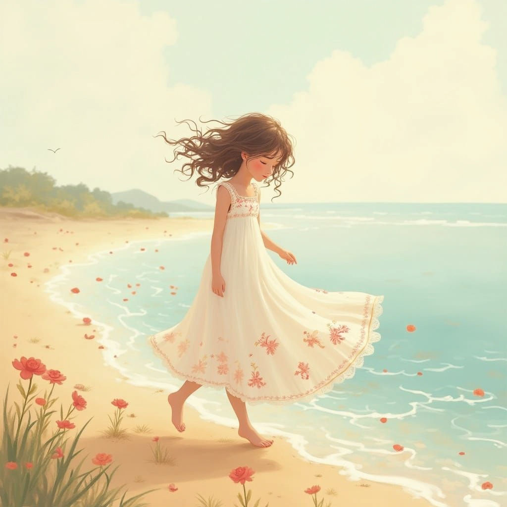 Girl in Sundress on Shoreline, Miyazaki-esque