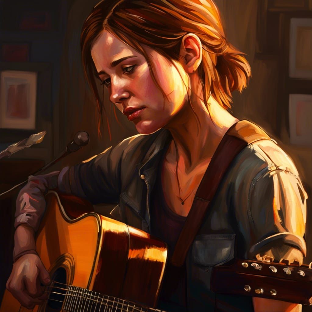 painting of ellie the last of us2 playing guitar | in the style of golden light, sandalpunk, realistic ...  by @Snowqueen 