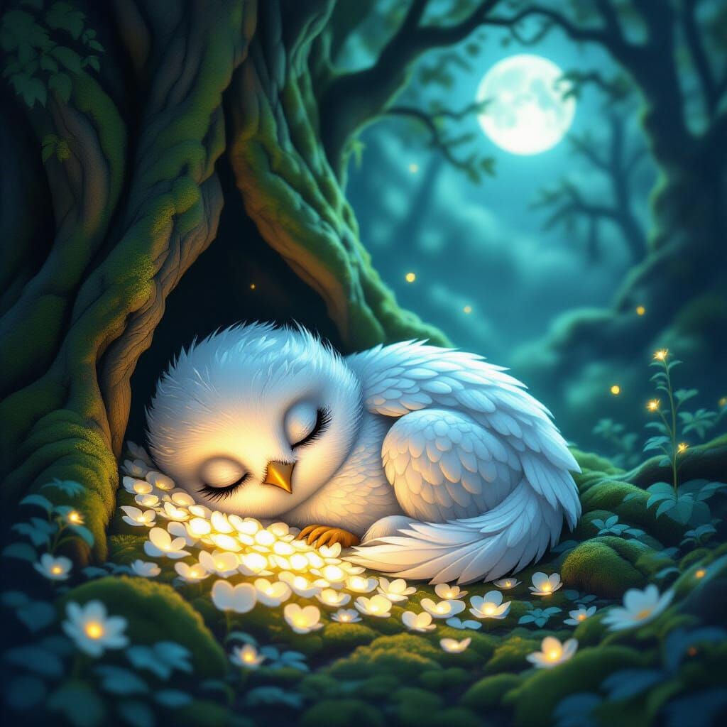 Fantasy Creature Sleeping in Moonlit Glade