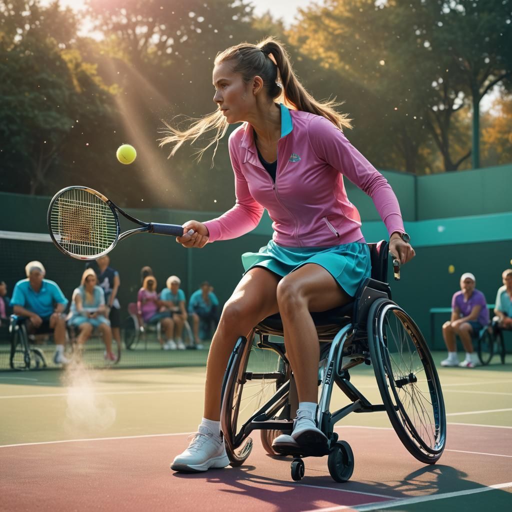 a woman in a wheelchair playing tennis she is wearing her ha...